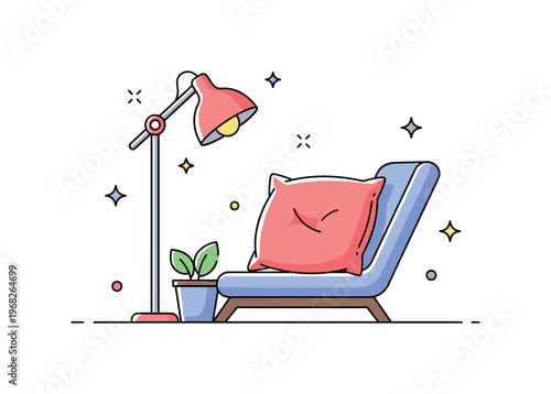 Pillow reading nook concept where a soft pillow sits on a lounge chair near a lamp while tiny sparkle and star icons highlight comfort, coziness, and