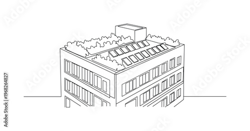 Green Design. Minimalistic one-line drawing building with eco-friendly rooftop and solar panels, continuous single black line on white background, simple