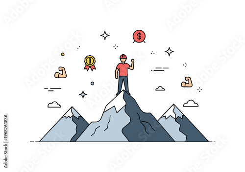 Person standing strong mountain viewpoint concept where a figure stands on a peak with arms slightly raised while tiny sparkle and star icons highlight