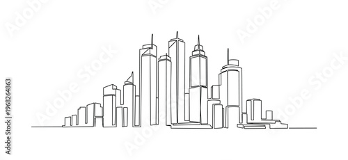 Metropolitan Skyline. Minimalistic one-line drawing modern urban cityscape with tall buildings, continuous single black line on white background, simple
