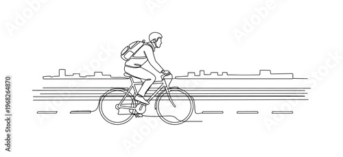 Bike Commuting. Minimalistic one-line drawing person cycling on urban road with backpack, continuous single black line on white background, simple outline