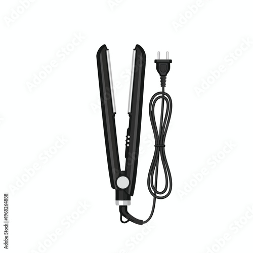 Open black hair straightener with power cord and plug on white background