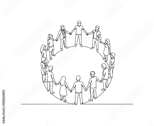 Togetherness. Minimalistic one-line drawing diverse people holding hands in unified circle, continuous single black line on white background, simple outline