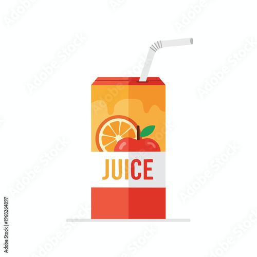 A carton of juice with an orange slice, apple, and straw