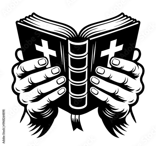 Hands Holding Open Holy Bible With Crosses On Cover, Religious Christian Faith Concept, Spiritual Prayer And Worship Illustration, Vector Art