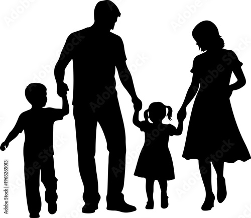 Family silhouette holding hands walking, parents with two children vector illustration