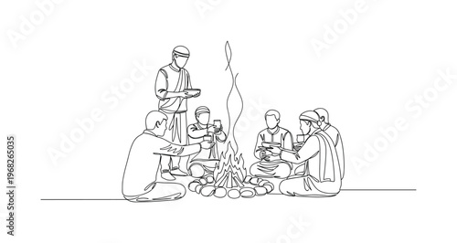 Ritual Fire. Minimalistic one-line drawing people gathered around fire performing ceremonial rites, continuous single black line on white background, simple