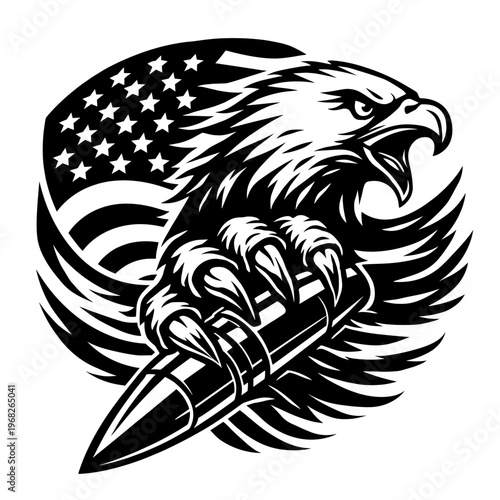 Patriotic American Bald Eagle Clutching Bullet With USA Flag Background, Freedom Symbolism, National Pride Military Support, Vector Design