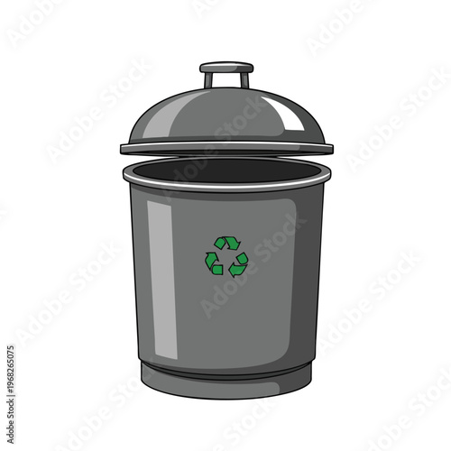 Gray trash can with lid ajar, featuring a green recycling symbol