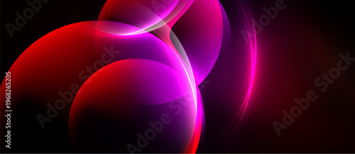 Abstract design features vibrant curves, flowing shapes. Pink, red hues dominate dark background. Dynamic composition creates modern feel.