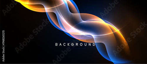 Abstract flowing lines, vibrant colors, dynamic curves. Background features warm, cool hues against dark space. Modern design element.