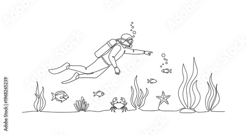 Underwater Observation. Minimalistic one-line drawing diver inspecting ocean floor and creatures, continuous single black line on white background, simple