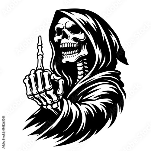 Grim Reaper Skeleton In Hooded Cloak Showing Middle Finger, Dark Humor Death Concept, Spooky Halloween Horror Character, Vector Illustration