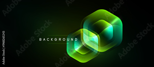 Dark background features overlapping glowing hexagons. Vibrant green hues create futuristic abstract design. Minimalist aesthetic, modern feel.