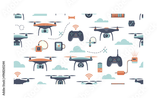 quadcopter icons seamless pattern, repeating pattern, surface design, textile print, modern illustration of drones, delivery drones, camera drones, propellers,