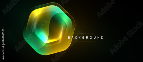 Abstract hexagon design. Vibrant colors blend, creating luminous effect against dark backdrop. Modern, dynamic visual presentation.