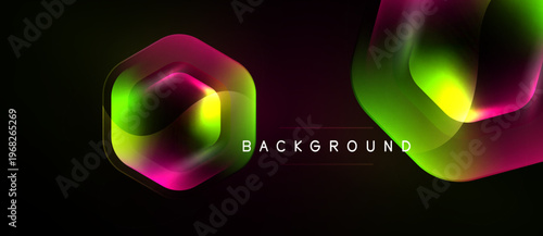 Abstract neon shapes over dark background. Vibrant colors blend, creating dynamic visual effect. Modern design element.
