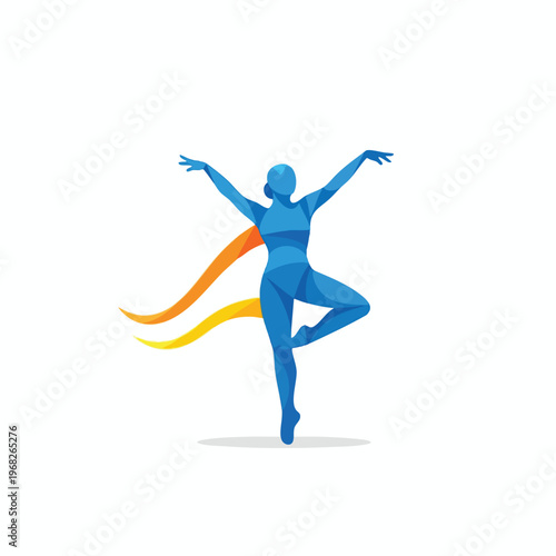 Blue abstract figure in graceful dance pose with flowing orange and yellow ribbons