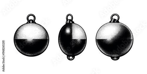 Buoy spherical float, realistic marine buoy with smooth rounded body and attachment ring shown from front view, side view, and three-quarter angle with