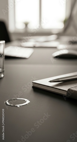 Workspace with a pen and notebook on the table.