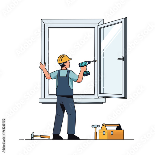 Person in hard hat and overalls drills into an open window frame
