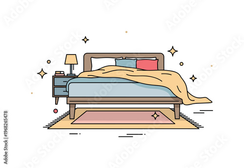 Rug under bed layered texture concept where a soft rug enhances a bed setup with blankets and pillows while tiny sparkle and star icons highlight comfort,