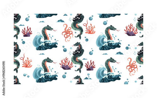 ocean myth motifs seamless pattern, repeating pattern, surface design, textile print, modern illustration of serpents rising from the sea, waves, coral, ship