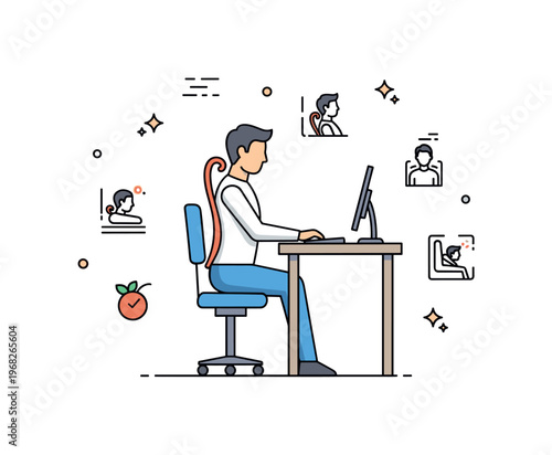 Posture ergonomic workspace scene where a person sits at a desk with a straight back and aligned shoulders while small sparkle and line icons emphasize health,