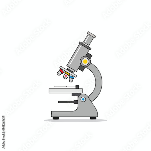 A grey laboratory microscope with a revolving turret and colorful objectives