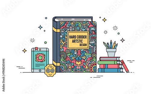Hardcover book artistic cover design scene where a hardcover book features intricate illustrations while small sparkle and line icons emphasize creativity,