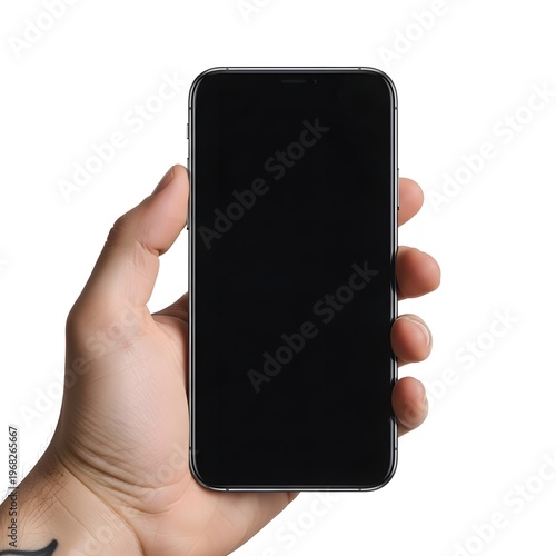 A hand holding a modern smartphone with a black screen