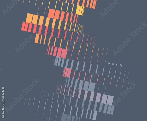 Geometric lines cascade onto a dark background. Image of multiple lines of varying thickness. Transition and displacement effects. Industrial style. Dynamic for brochure, poster, cover, presentation.