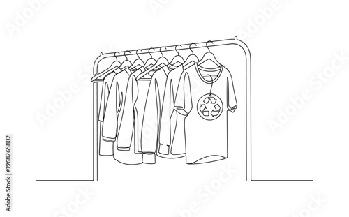 Ethical Clothing Line. Minimalistic one-line drawing rack of clothes with recycled material label, continuous single black line on white background, simple