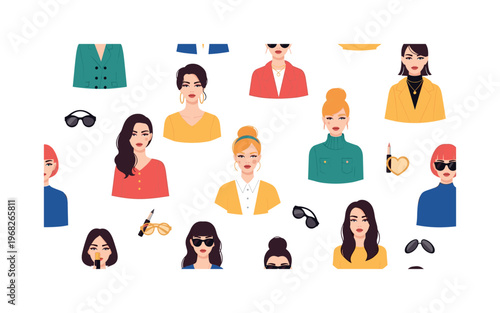 fashion portrait motifs seamless pattern, repeating pattern, surface design, textile print, modern illustration of models posing with bold lipstick, vibrant