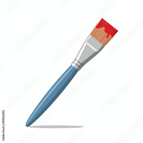 Flat illustration of a paintbrush with a blue handle and red paint drippings