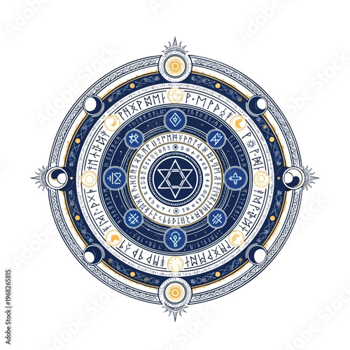 Intricate celestial wheel with runes, moons, suns, and a hexagram