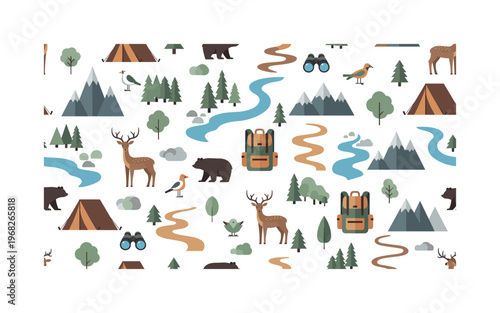 nature trek icons seamless pattern, repeating pattern, surface design, textile print, modern illustration of tents, mountains, forests, rivers, backpacks,
