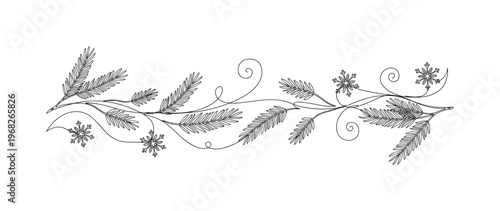Winter Background. Minimalistic one-line drawing abstract snowy elements and pine branches, continuous single black line on white background, simple outline