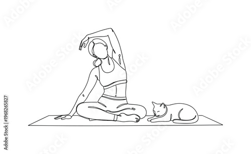 Home Yoga with Pets. Minimalistic one-line drawing person doing yoga with cat lying on mat, continuous single black line on white background, simple outline