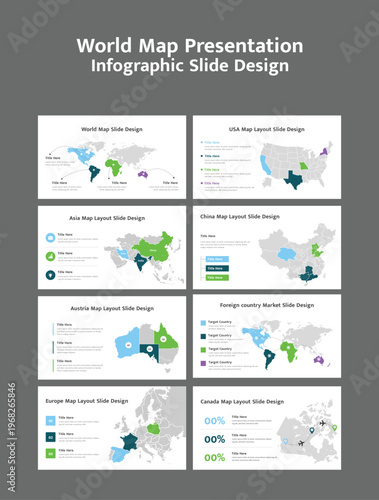 Presentation slides displaying world and country maps with data visualization elements