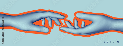 Hands reaching towards each other. Concept of human relation, togetherness or  partnership. 3D vector illustration. Design for banner, flyer, poster, sticker, cover or brochure.