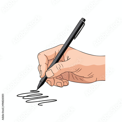 Close up of a hand holding a black pen writing scribbles on a white surface