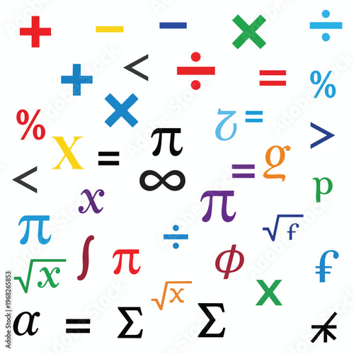 Colorful math symbols including pi, infinity, roots, and operations scattered randomly