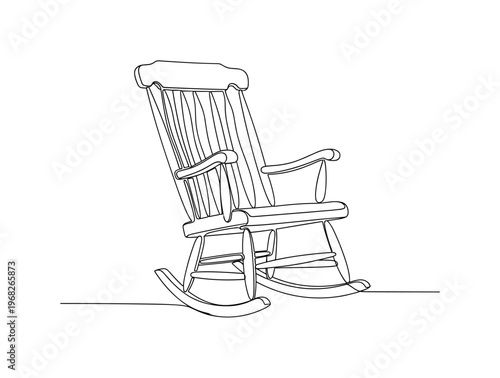 Classic Rocker. Minimalistic one-line drawing wooden rocking chair with simple elegant curves, continuous single black line on white background, simple outline