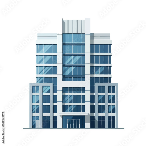 Modern multi-story building with blue glass windows and white facade