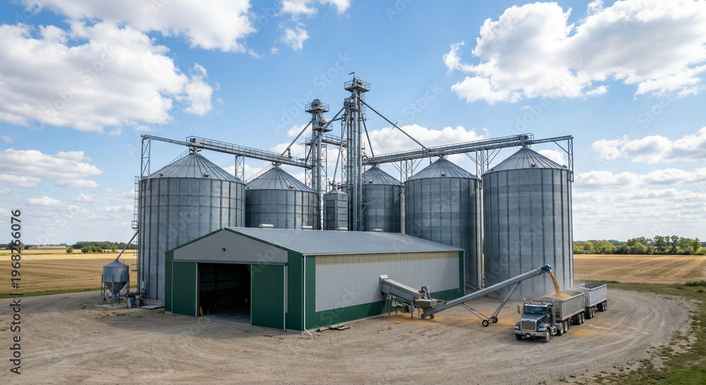 Obraz premium Huge steel farm grain storage facility 4K