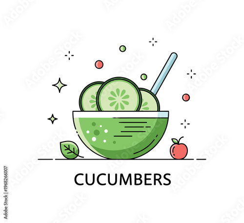 Cucumbers green smoothie bowl scene where cucumber slices top a nutritious bowl while tiny sparkle and line icons highlight freshness, health, and visual