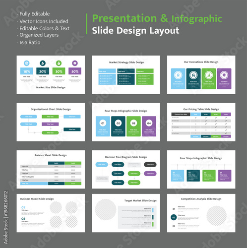 Presentation slides for market strategy, organizational charts, and key financial data