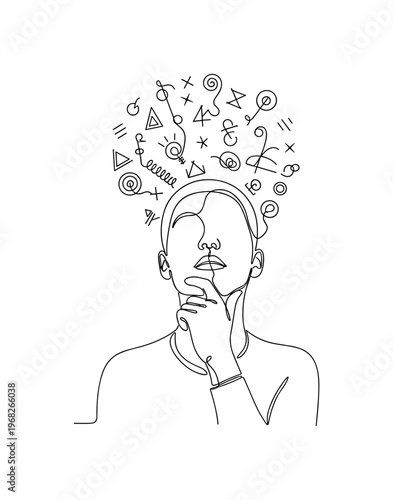 Narrative Exploration. Minimalistic one-line drawing person thinking with abstract lines and symbols above, continuous single black line on white background,