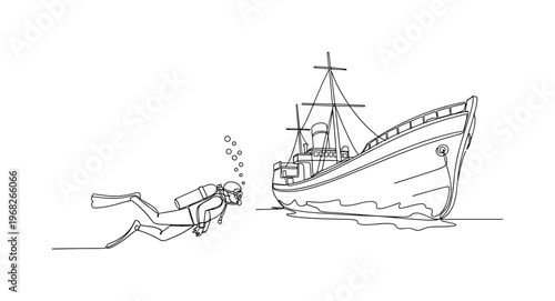 Ocean Discovery. Minimalistic one-line drawing scuba diver swimming near sunken ship, continuous single black line on white background, simple outline style,